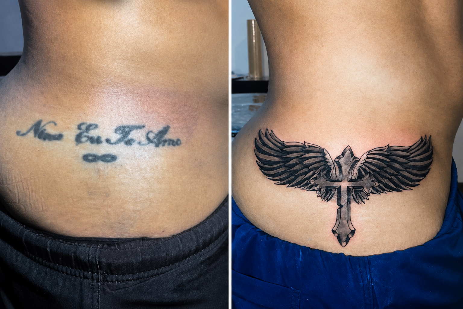 Cobertura — antes e depois de tatuagem transformada em cruz com asas