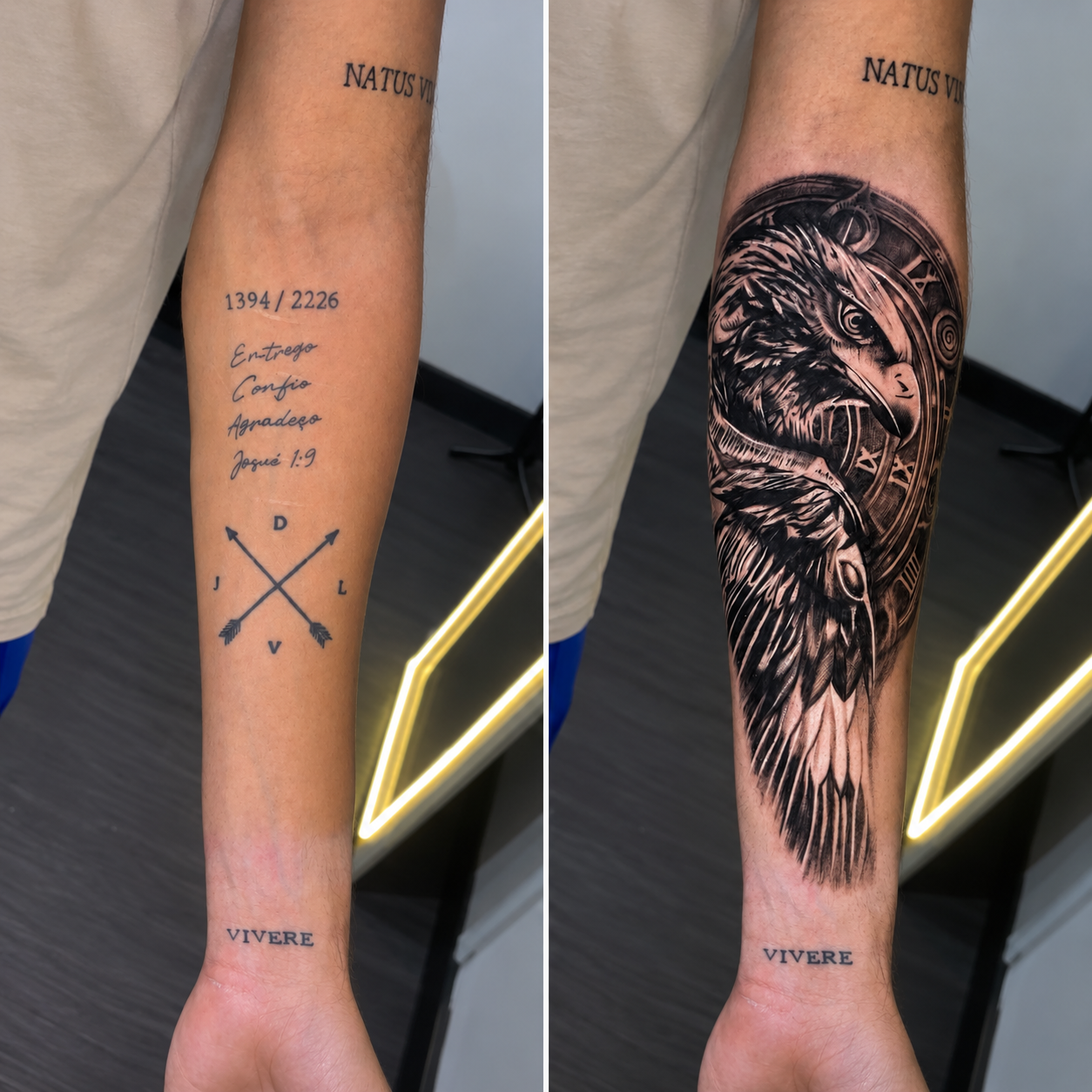 Cobertura — antes e depois de tatuagem transformada em águia realista com relógio