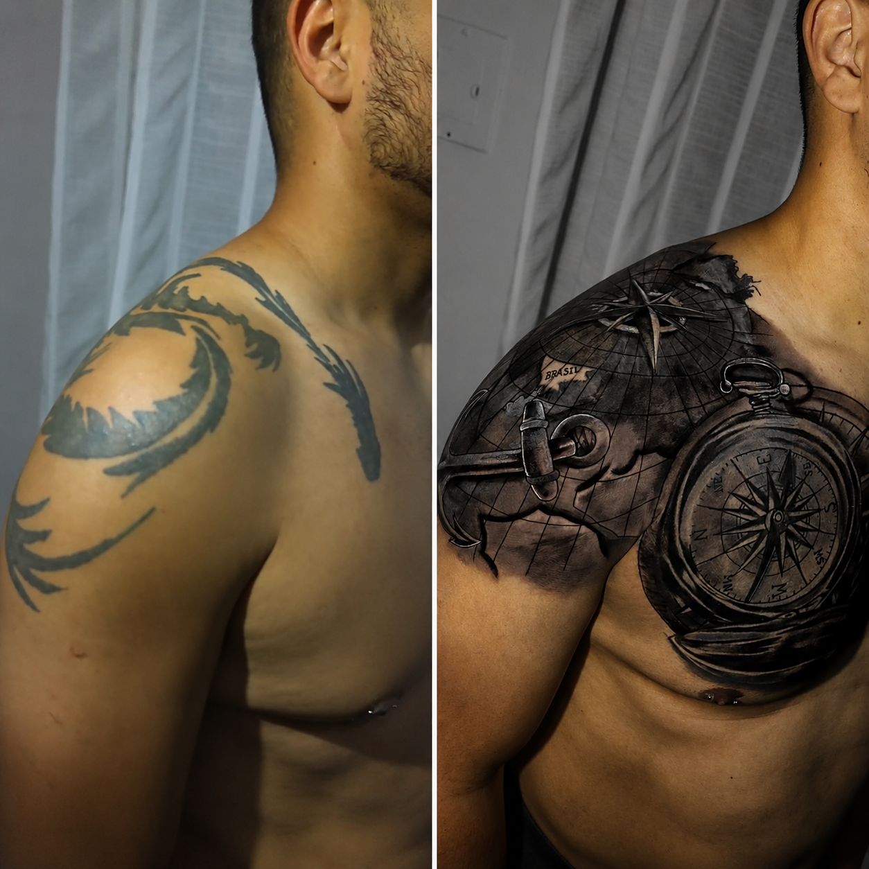 Cobertura — antes e depois de tatuagem no ombro transformada em bússola e âncora realistas